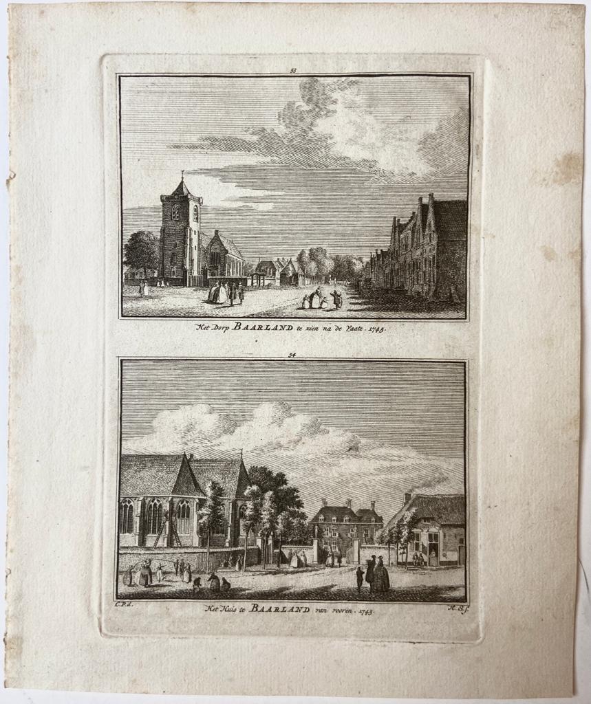 Het Dorp Baarland te zien na de Vaate. 1745. / Het Huis te Baarland van vooren. 1745.