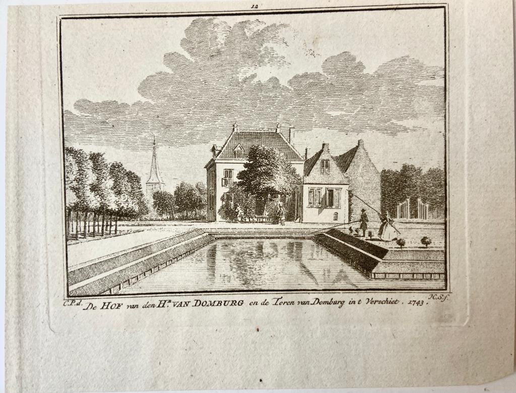 De Hof van den Hr. van Domburg en de Toren van Domburg in 't Verschiet. 1743.