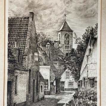 [Lithography/litografie] Streetview/Dorpsgezicht met kerk, 1949.