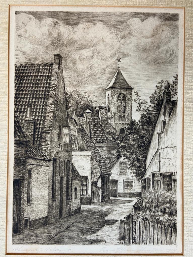  - [Lithography/litografie] Streetview/Dorpsgezicht met kerk, 1949.