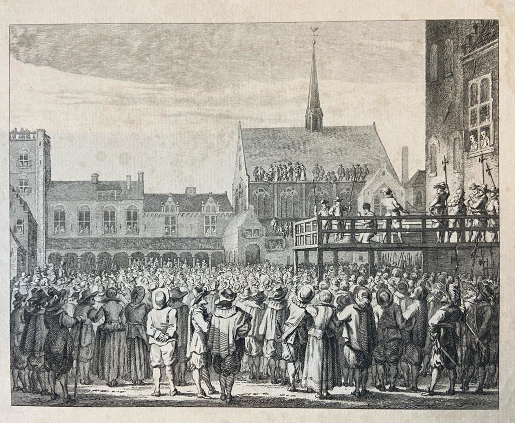[Antique print, etching and engraving] Johan van Oldenbarnevelt wordt onthoofd op Binnenhof Den Haag / Joan van Oldenbarneveld beheaded.