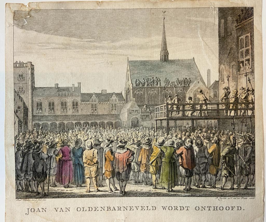 [Antique print, colored etching and engraving handcolored] Joan van Oldenbarneveld wordt onthoofd/Johan van Oldebarnevelt onthoofd, published 1777.