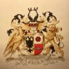 [Coat of Arms VREDENBURCH, VAN] Getekend familiewapen Van Vredenburch. Tekening met kleur door A.v.L[eeuwen]. Ca. 1900, 30x50 cm. Fraai.