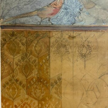 BEHANGPAPIER Ontwerptekeningen in kleur van een vel behangselpapier, met o.a. twee vogels en jugendstil motieven, ca. 1900, 38x30 cm, aquarel in kleur.