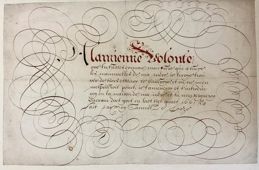 Blad kalligrafie, geschreven in 1661 door Samuel de Looze. 8 regels tekst met versieringen, folio oblong.