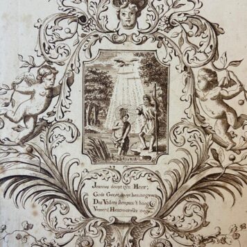 BURGGRAAFF, KALLIGRAFIE Blad kalligrafie gesigneerd P. Burggraaff 1796. Tekst: “Mattheus 3.13” met een voorstelling van Johannes die Christus doopt. Bruine inkt, 30x34 cm.