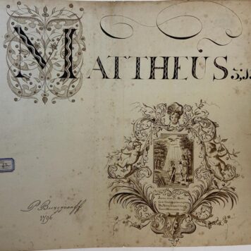 BURGGRAAFF, KALLIGRAFIE Blad kalligrafie gesigneerd P. Burggraaff 1796. Tekst: “Mattheus 3.13” met een voorstelling van Johannes die Christus doopt. Bruine inkt, 30x34 cm.