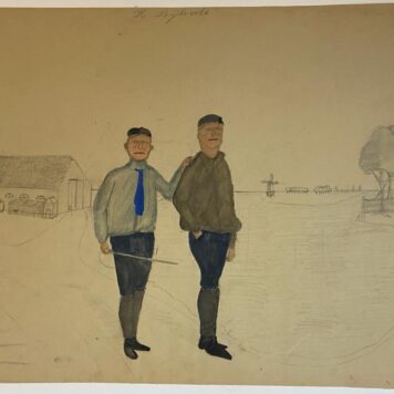 [Modern drawing] BIJLEVELD Naïeve aquarel van twee mannen in een landschap, 32x50 cm, getekend: K. Bijleveld, ca. 1930?