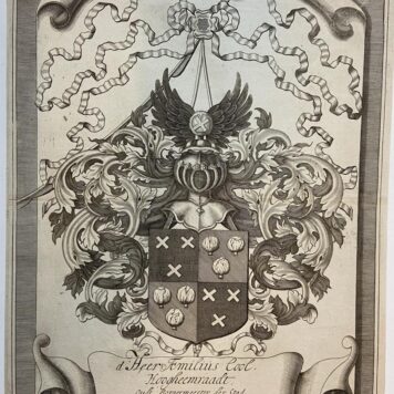 [Coat of Arms Aemilius Cool] Familiewapen uit de rand van een 18e eeuwse kaart Aemilius Cool, gravure door A. Vaillant.