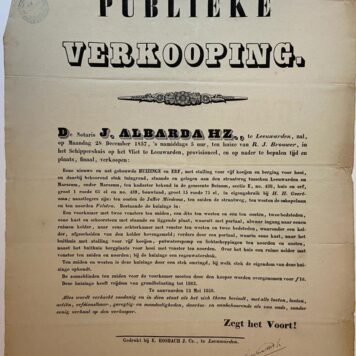 MARSSUM, GEERTSMA--- Aanplakbiljet Leeuwarden 1857 betr. verkoop huis met koeienstal onder Marssum aan de weg Leeuwarden-Marssum, in gebruik bij H.H. Geertsma. 1 blad, plano, gedrukt.