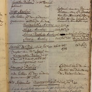 BYE, DE; VAN DEN STEEN `Geslagt register van de famille van de Bije', manuscript, 4o, 57 p., met 6 afbeeldingen van familiewapens, opgesteld in het midden van de 18de eeuw door een der zonen van mr. Jacob Nicolaas van den Steen. Bijgewerkt tot ca. 1790.