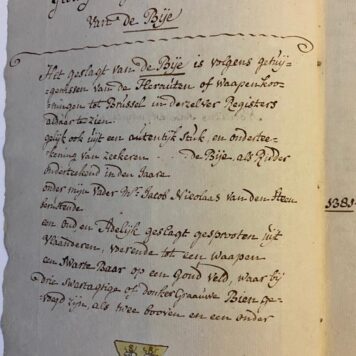 BYE, DE; VAN DEN STEEN `Geslagt register van de famille van de Bije', manuscript, 4o, 57 p., met 6 afbeeldingen van familiewapens, opgesteld in het midden van de 18de eeuw door een der zonen van mr. Jacob Nicolaas van den Steen. Bijgewerkt tot ca. 1790.