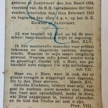 ZANDVOORT, VERSTEGE--- Twee bidprentjes voor Petrus Verstege (Zandvoort 1864 - Zandvoort 1928) en zijn echtgenote Wilhelmina van den Berg (Zandvoort 1864 - Zandvoort 1931). Met foto van Verstege.