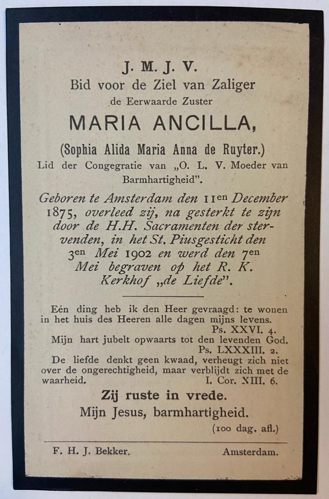  - [Prayer card, bidprentje 1902] Prayer card for sister Sophia A.M.A. de Ruyter (1875-1902), 1 p.