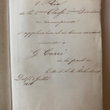 DELFT, CARRÉ, MOLENBROEK Prijsboek mer prijsformulier voor G. Carré, uitgereikt in 1855 te Delft door E.M. en A.M. Molenbroek.