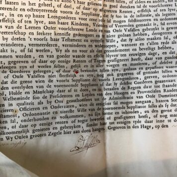 [Original patent for a woman, 1756] Octrooi voor Susanna Ruyt, huisvrouw van Johan Bloteling, controleur van de grafelijkheidswerken te Den Haag, om over haar lenen te mogen disponeren, ‘s Gravenhage 1-4-1756, charter op perkament, deels gedrukt, gesigneerd Boey en ? , met opgedrukt zegel en restant van aanhangend zegel.