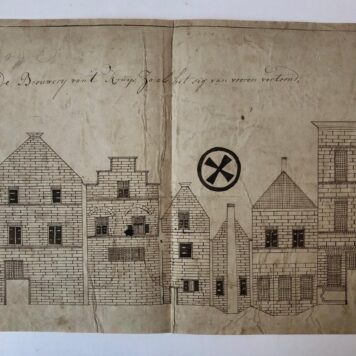 BROUWERIJ ‘T KRUYS Pentekening van een rij van 6 huizen met opschrift “De Brouwerij van ‘t Kruys, zo als het sig van vooren vertoond”, 27x38 cm, 18e- of vroeg 19e-eeuws.