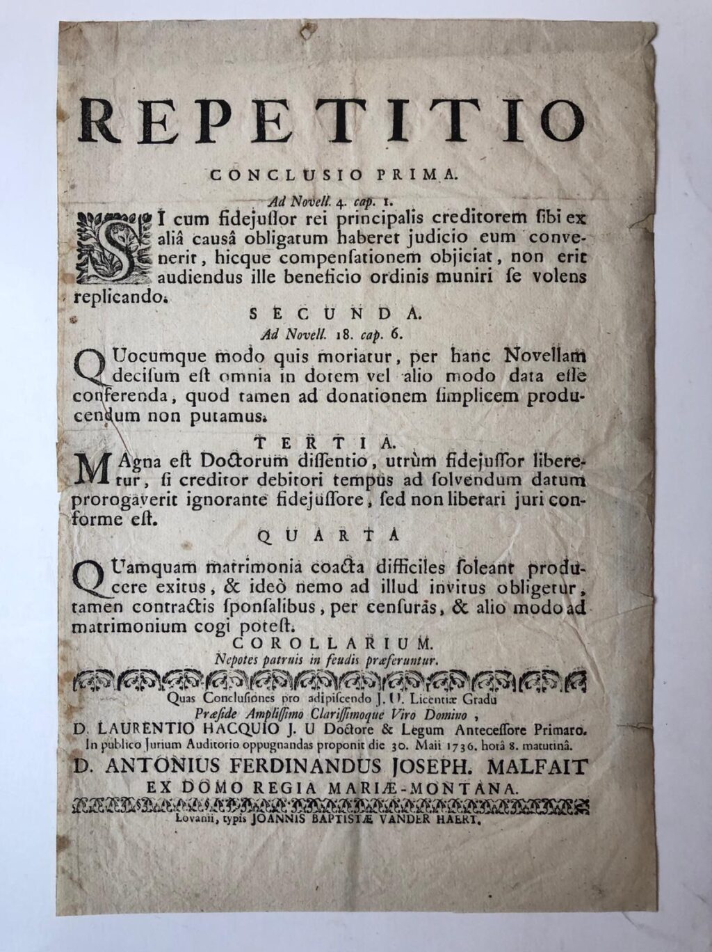 LEUVEN, TAKELS Repetitio ... pro adipiscendo J.U. Licentiae gradu, van Joannes Baptista Takels, Bruxellencis dd 29-4-1737, 1 blad, plano, gedrukt.