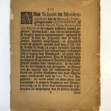 LEIDERDORP Vaststelling door hoogheemraden van Rijnland van een nieuw reglement voor ingelanden van de Munnicke polder onder Leiderdorp, met regelingen voor verhoging van de dijken. Leiden 30-6-1759, 6 p., 4º, gedrukt.