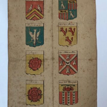 FAGEL, SLUIJSKEN Wapenafbeeldingen van 8 kwartieren: Fagel, Dierkens, Rosa, Rosa, Sluysken, van der Heim, de Neuville, van der Waaijen, 1 blad, folio, 19e-eeuws manuscript.