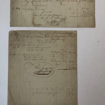 WIJNHANDEL SPENGLER; STUMPFIG Twee kwitanties van G.M. Stumpfig, firma J.C. Spengler & Co, wijnhandel te Amsterdam, t.n.v. wed. Jacob Hoffman, 1792 en 1797, 2 p., manuscript.