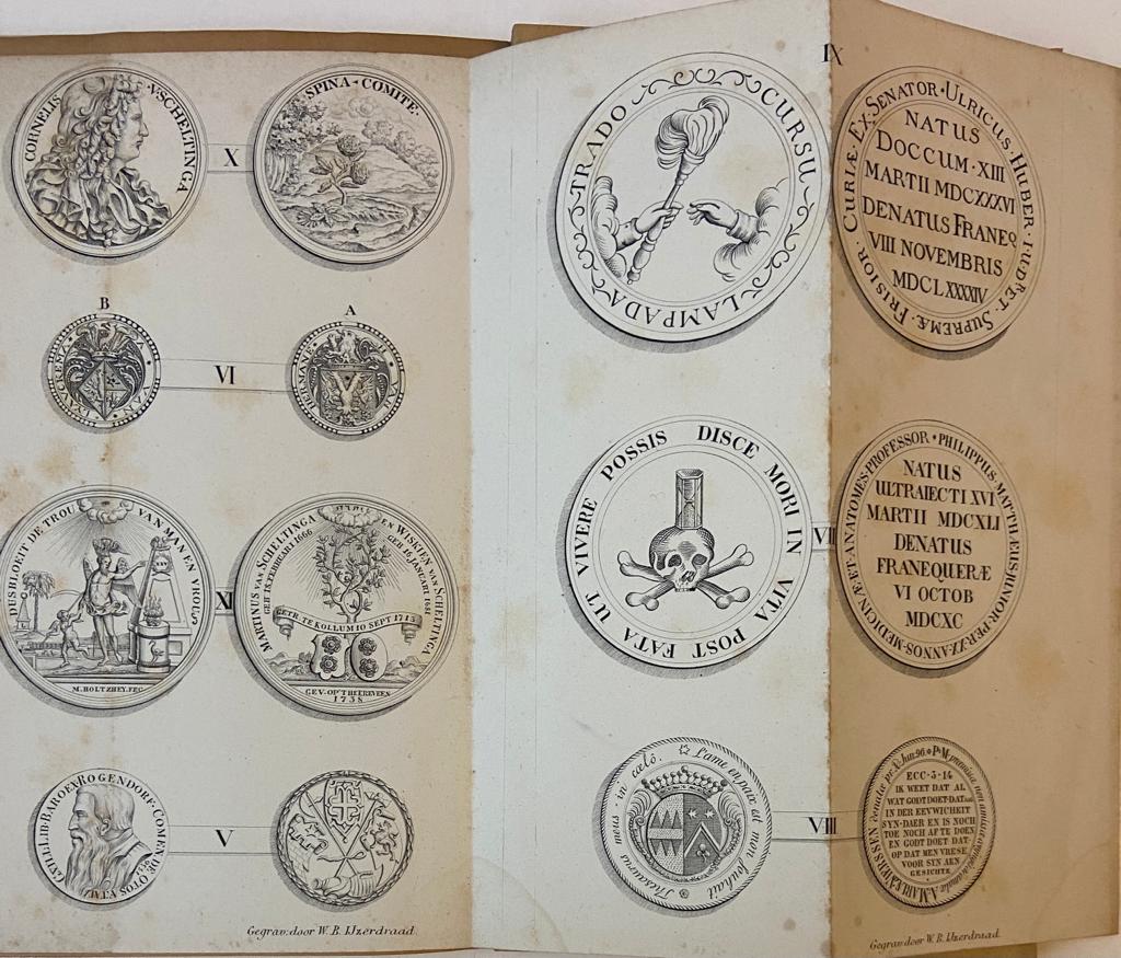 Nieuwe bijdragen tot de penningkunde van Friesland, I t/m X, Workum 1858, 67 pag., met 2 gravures met afbeeldingen van penningen. Gebonden in half linnen.
