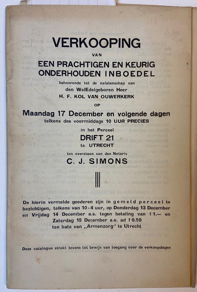 Veilingcatalogus inboedel H.F. Kol van Ouwerkerk, drift 21, Utrecht 1928, 45 pag.