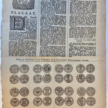 NUMISMATIEK--- Placaat van Staten Generaal d.d. 8-3-1752 betr. ongeklopte schellingen. 1 blad plano, gedrukt, geillustreerd met 32 afbeeldingen van munten.