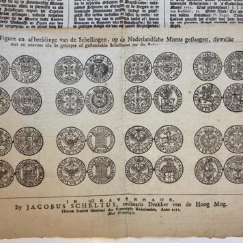 NUMISMATIEK--- Placaat van Staten Generaal d.d. 8-3-1752 betr. ongeklopte schellingen. 1 blad plano, gedrukt, geillustreerd met 32 afbeeldingen van munten.