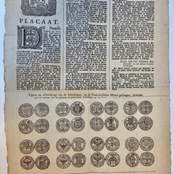 NUMISMATIEK--- Placaat van Staten Generaal d.d. 8-3-1752 betr. ongeklopte schellingen. 1 blad plano, gedrukt, geillustreerd met 32 afbeeldingen van munten.