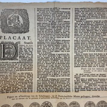 NUMISMATIEK--- Placaat van Staten Generaal d.d. 8-3-1752 betr. ongeklopte schellingen. 1 blad plano, gedrukt, geillustreerd met 32 afbeeldingen van munten.