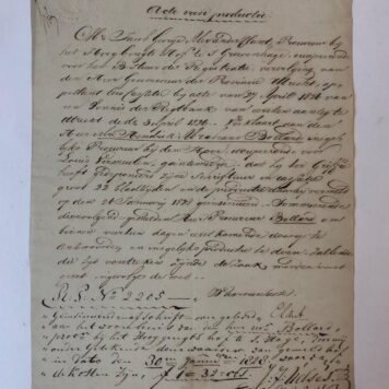 VERMEULEN, UTRECHT Stuk in een rechtzaak voor het Hoog Gerechtshof te ‘s-Gravenhage tussen het Bestuur der Registratie te Utrecht en Louis Vermeulen, 1828, 1 p., 4º, manuscript.