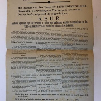 [Publication 1907-1917] VOORBURG E.O. Vier “afkondigingen” van het bestuur van de Veen- en Binkhorstpolder onder ‘s-Gravenhage, Voorburg en Wassenaar d.d. 11-12-1917, 13-5-1914, 19-1-1909 en 14-4-1909, plano, gedrukt.