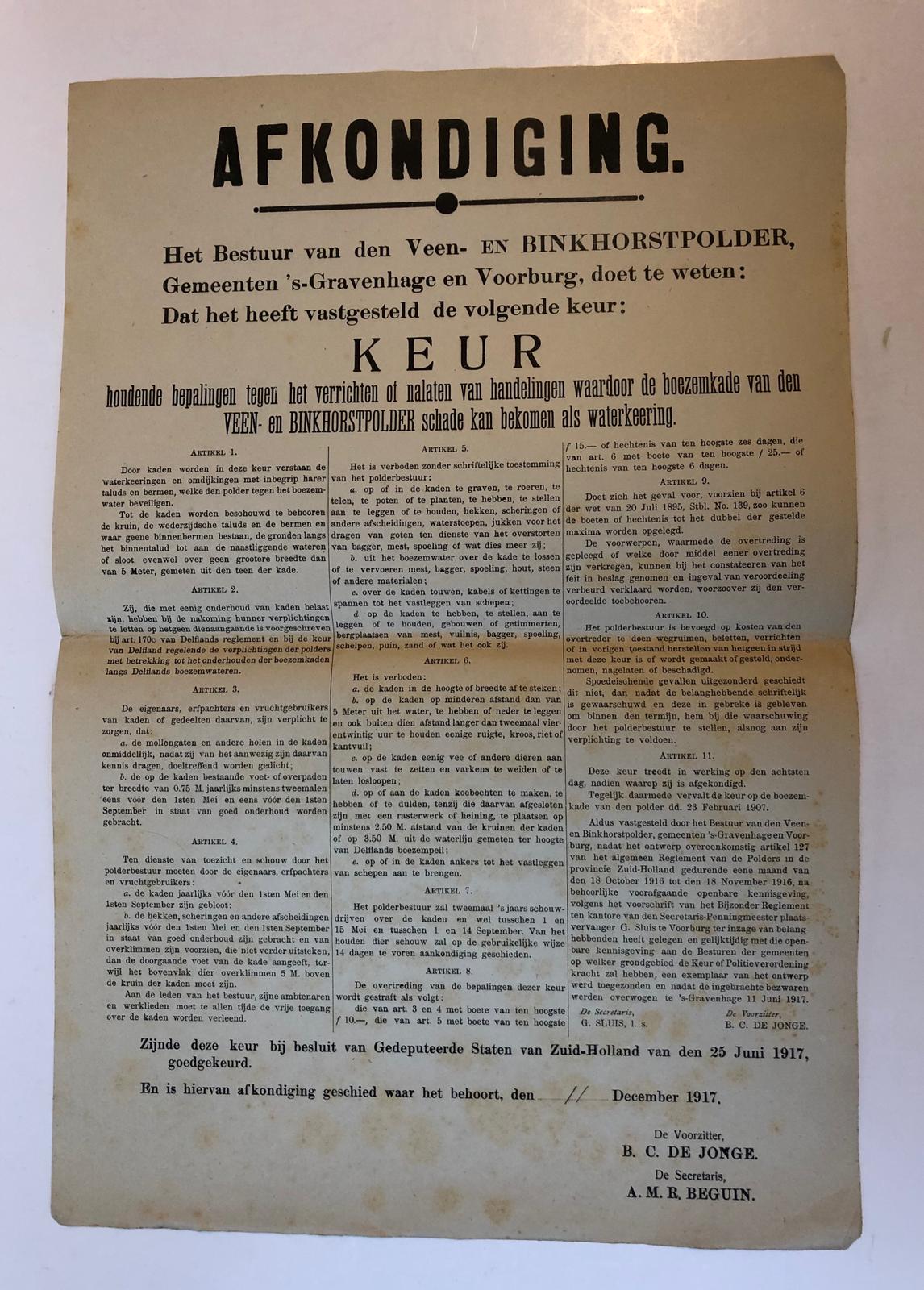  - [Publication 1907-1917] VOORBURG E.O. Vier afkondigingen van het bestuur van de Veen- en Binkhorstpolder onder s-Gravenhage, Voorburg en Wassenaar d.d. 11-12-1917, 13-5-1914, 19-1-1909 en 14-4-1909, plano, gedrukt.
