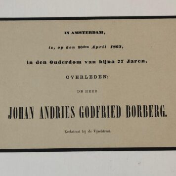 BORBERG Overlijdensbericht van Johan Andries Godfried Borberg, 77 jaar, d.d. Amsterdam 1863. Gedrukt, 4º oblong, 1 p.