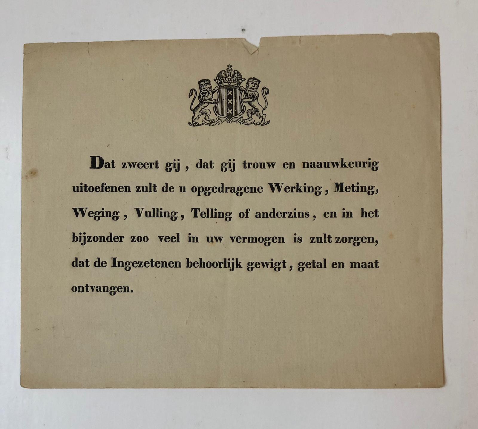  - AMSTERDAM, YKMEESTER Eed voor ykmeester te Amsterdam, gedrukt, 4 oblong, 1 p., 19e-eeuws.