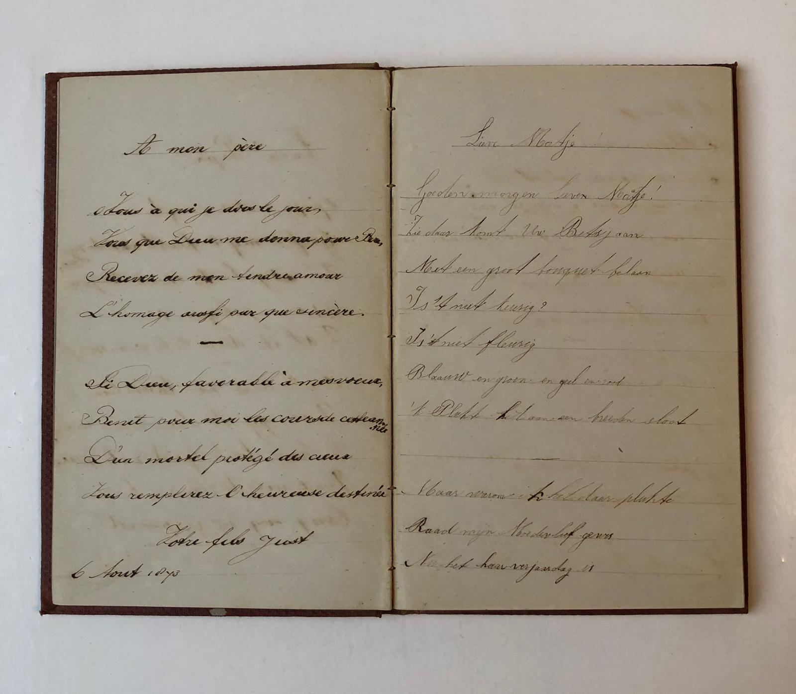  - NETSCHER Poeziealbum van het echtpaar F.H.J. Netscher (1817-1878) en Cath. M.J. Netscher (1824-1903), met verzen van hun kinderen: Frans C.J. (geb. 1864), Betsy (geb. 1865), Henri (geb. 1859) en Just (geb. 1862), 1871-1874. Manuscript, 1 deel, geb. (in hoesje).