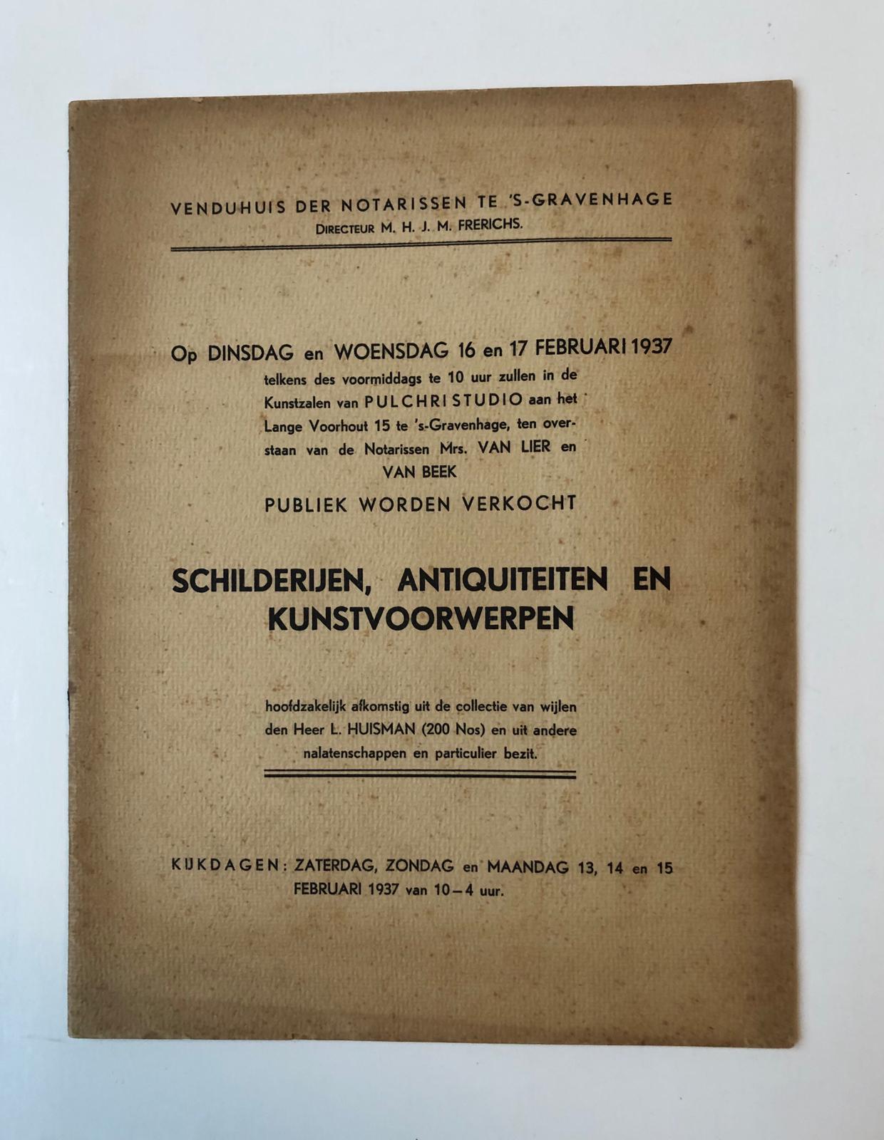  - HUISMAN Veilingcatalogus van Venduhuis s-Gravenhage 16-17-2-1937, collectie L. Huisman, gedrukt, 27 p., 4.