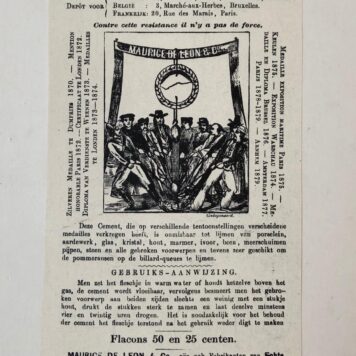 CEMENT, ROTTERDAM Prospectus voor het “beroemde Armeniaansche cement” fabrikaat van Maurice de Leon te Rotterdam, ca. 1880. 1 blad, folio, gedrukt.