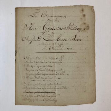 DELFT, KLISTING, BOON, VAN GOUTEL “Ter echtvereeniging van den heer Gijsbertus Klisting en mejuffrouw Maria Boon, voltrokken te Delft den 6-12-1820”, manuscript, 4º, 4 p. Getekend H. van Goutel (Gontel?).