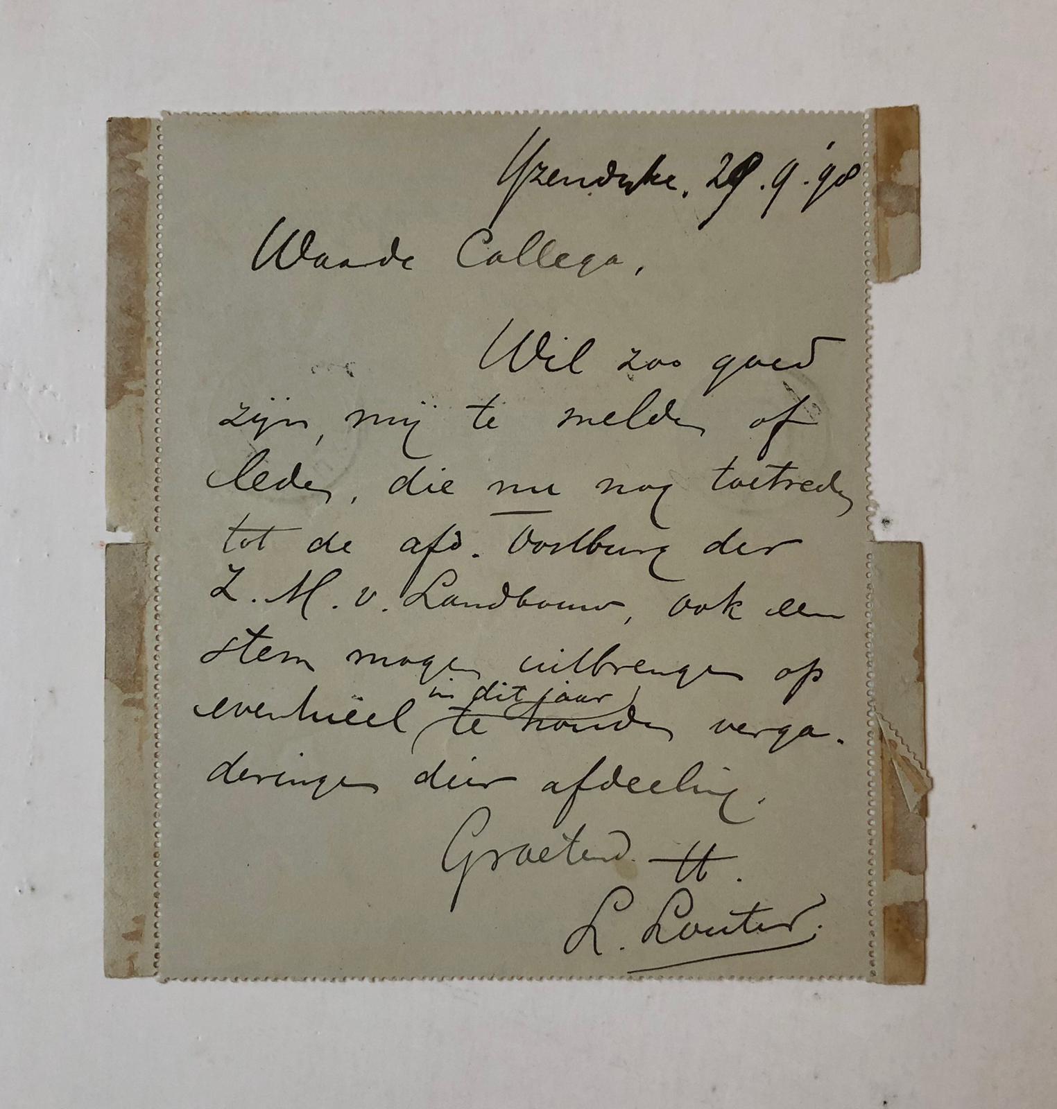  - LOUTER Briefje van L. Louter d.d. Yzendijke 1898 aan collega veearts M. Lucier te Oostburg, manuscript, 1 p.