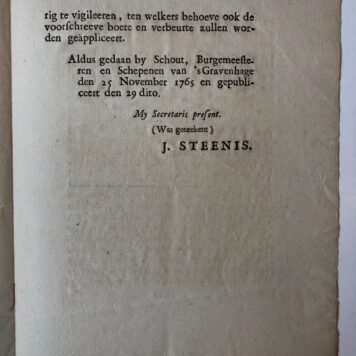 VUURWERK, BRAND--- Keure, uitgevaardigd door de magistraat van 's-Gravenhage, d.d. 25-11-1765, betr. het maken en verkopen van vuurwerk. 4°, 3 pag., gedrukt.