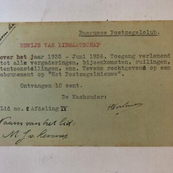BUSSUM, POSTZEGELCLUB Lidmaatschapkaart en uitnodigingskaart voor een vergadering van de Bussumse Postzegelclub, 1935, getekend H. Vorstman en A.J. Ult...