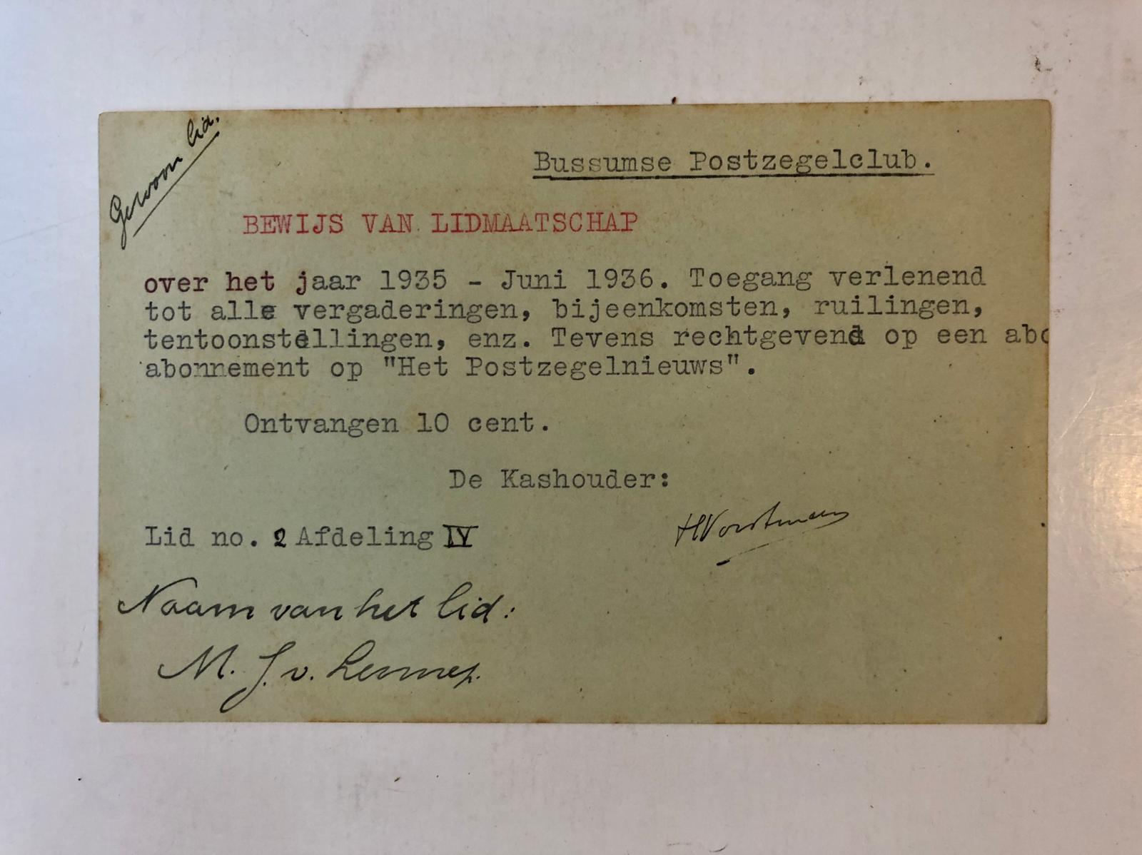  - BUSSUM, POSTZEGELCLUB Lidmaatschapkaart en uitnodigingskaart voor een vergadering van de Bussumse Postzegelclub, 1935, getekend H. Vorstman en A.J. Ult...