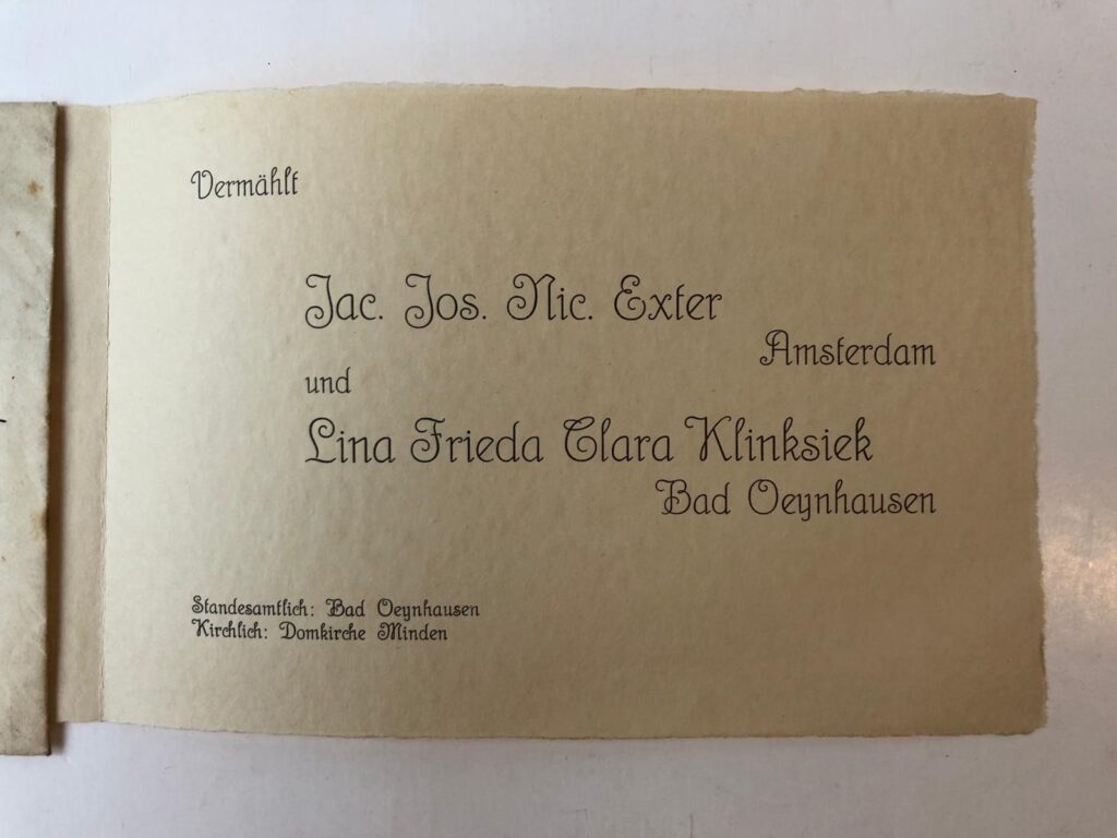EXTER Gedrukte huwelijksaankondiging van J.J.N. Exter uit Amsterdam met L.F.C. Klinksiek uit Bad Oeynhausen. 1924, 1 stuk.