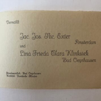 EXTER Gedrukte huwelijksaankondiging van J.J.N. Exter uit Amsterdam met L.F.C. Klinksiek uit Bad Oeynhausen. 1924, 1 stuk.