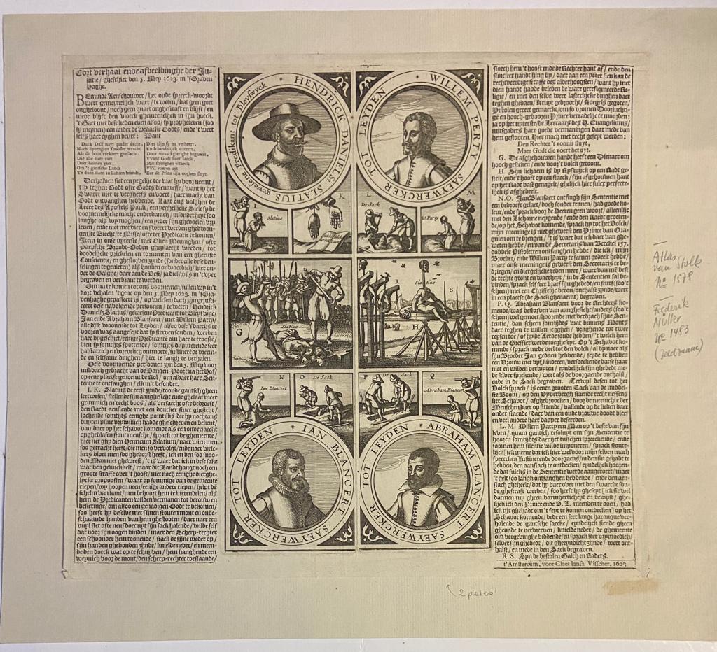 [Broadsheet] Portretten van geëxecuteerde Arminianen met scenes van de executie; portraits of executed Arminians with scenes of the execution, 1623.