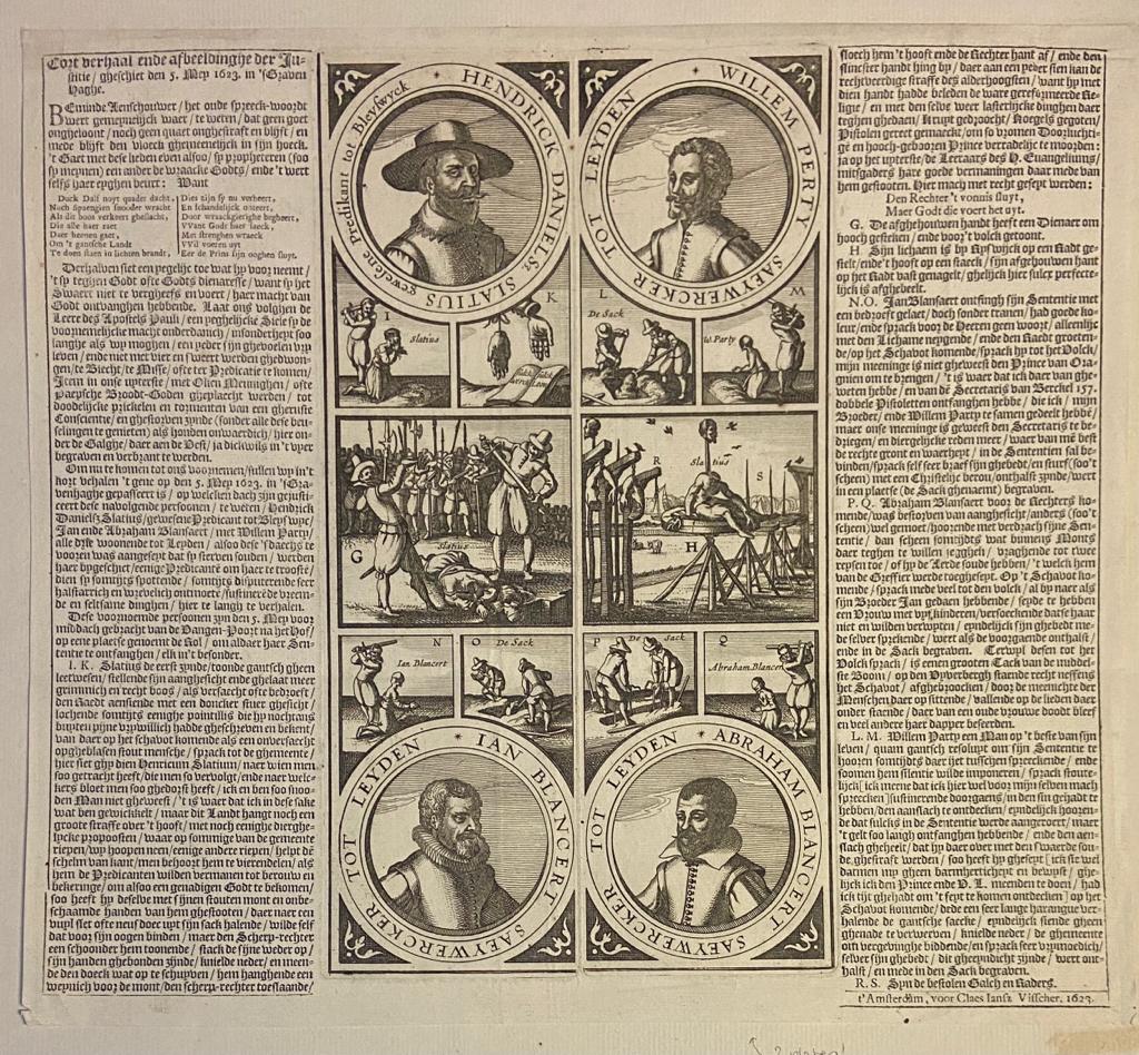 [Broadsheet] Portretten van geëxecuteerde Arminianen met scenes van de executie; portraits of executed Arminians with scenes of the execution, 1623.