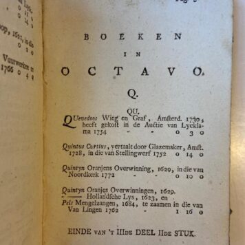 Algemeene naam-lyst van boeken met de pryzen of de boek-negotie. Benevens de kenisse en waarde derzelver gemakkelyk gemaakt. Zynde eene verzameling van eenige duizenden van boeken (...), zedert den jaare 1709 tot 1771 in eene alphabetische order geschikt met de pryzen hoe veel elk boek in ieder verkopinge gekost heeft. Deel I, 2e stuk, behelzende Nederduitsche boeken in octavo [van auteurs met namen beginnende met de letters A t/m Q].