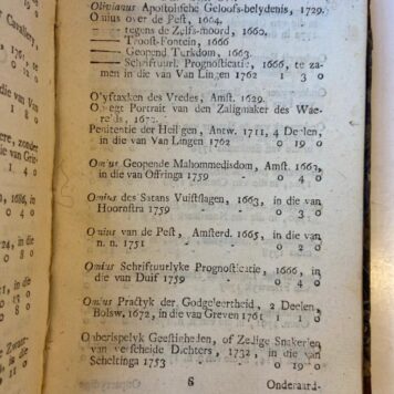 Algemeene naam-lyst van boeken met de pryzen of de boek-negotie. Benevens de kenisse en waarde derzelver gemakkelyk gemaakt. Zynde eene verzameling van eenige duizenden van boeken (...), zedert den jaare 1709 tot 1771 in eene alphabetische order geschikt met de pryzen hoe veel elk boek in ieder verkopinge gekost heeft. Deel I, 2e stuk, behelzende Nederduitsche boeken in octavo [van auteurs met namen beginnende met de letters A t/m Q].